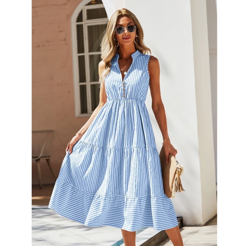 Striped Blue White V-Neck Midi Dress Sleeveless Fit & Flared